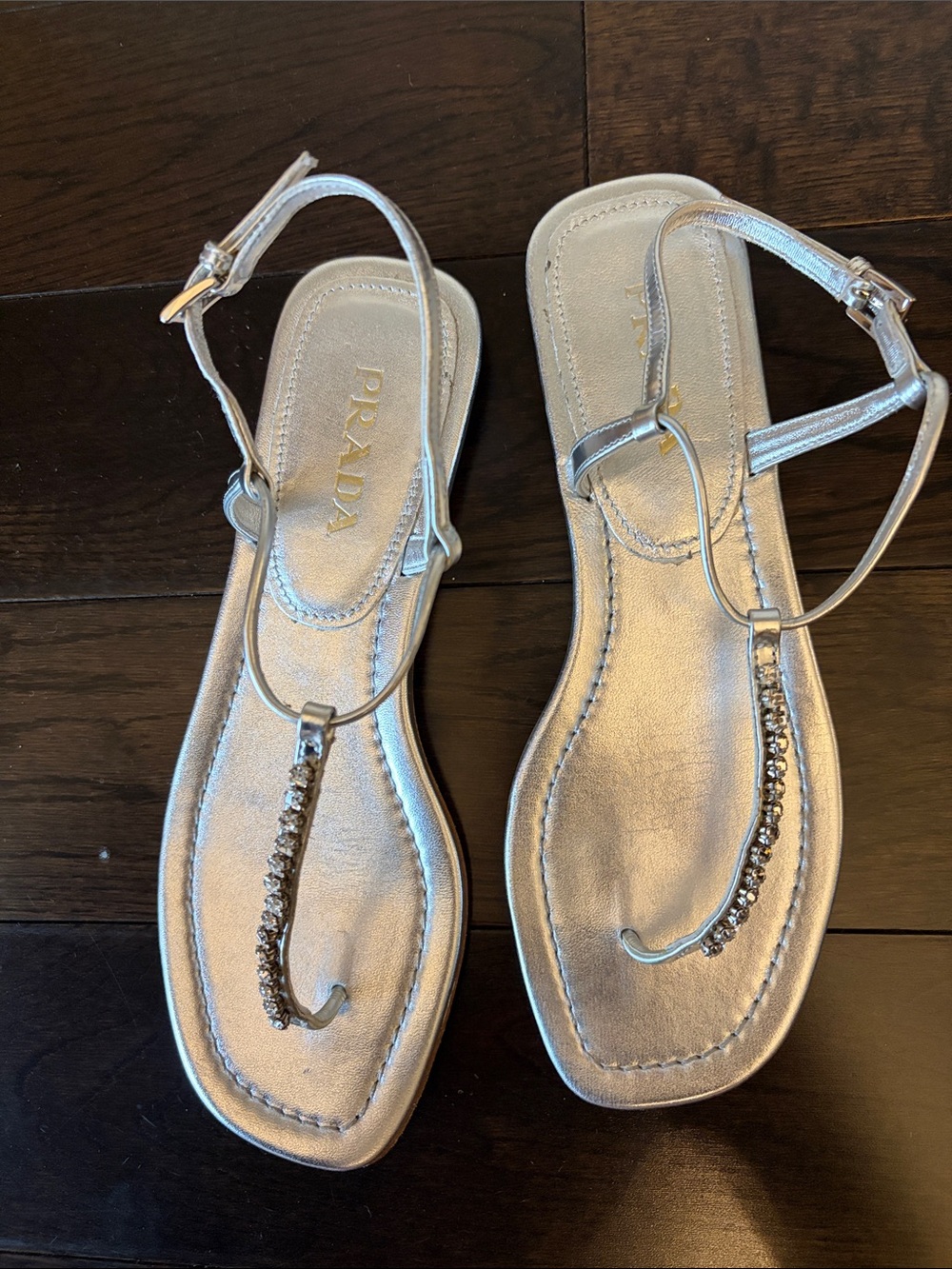 Prada Silver Crystal-Embellished T-Strap Sandals